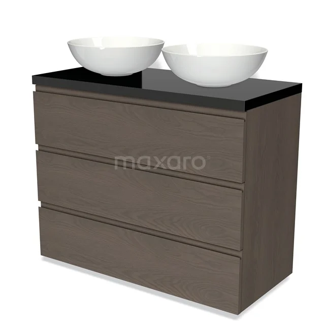 Holz Badezimmermöbel mit dunkler Glas Platte, doppeltem weißen Aufsatzwaschbecken und modernen Schubladen für stilvolle Badezimmerlagerung.