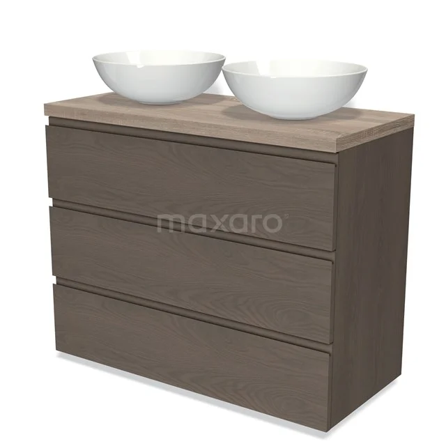 Modulo Plato Vanity units for countertop basin | 100 cm Dark brown oak Handle-less front Oak worktop 3 drawers BMK19-01421