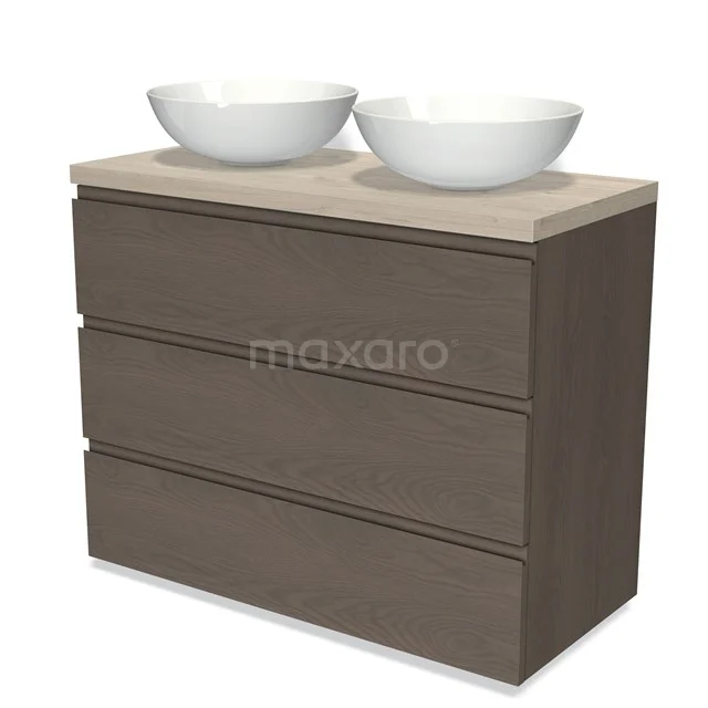 Modulo Plato Vanity units for countertop basin | 100 cm Dark brown oak Handle-less front Light grey oak worktop 3 drawers BMK19-01422