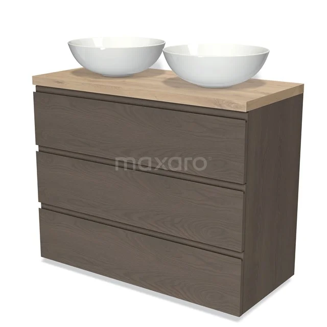 Modulo Plato Vanity units for countertop basin | 100 cm Dark brown oak Handle-less front Light brown oak worktop 3 drawers BMK19-01423