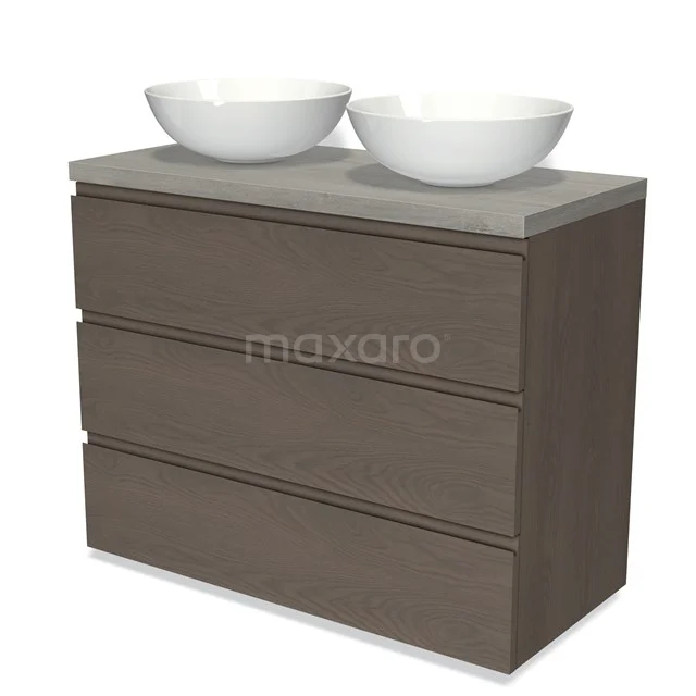 Modulo Plato Vanity units for countertop basin | 100 cm Dark brown oak Handle-less front Grey oak worktop 3 drawers BMK19-01426