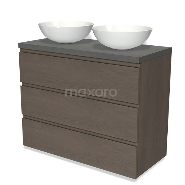 Modulo Plato Vanity units for countertop basin | 100 cm Dark brown oak Handle-less front Dark grey concrete worktop 3 drawers BMK19-01428