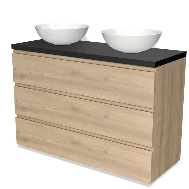 Eichen Badezimmermöbel mit drei Schubladen, schwarzer Platte und doppeltem weißen Aufsatzwaschbecken, modernes Design.