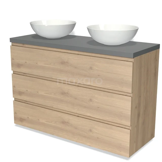 Eikenhouten badkamermeubel met grijs stenen blad en twee witte waskommen, perfect voor een stijlvolle badkamerinrichting.