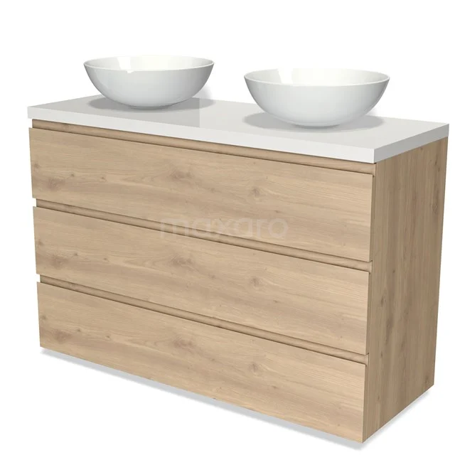 Houten badkamermeubel met witte dubbele wastafel, drie lades en modern design, perfect voor een stijlvolle badkamerinrichting.