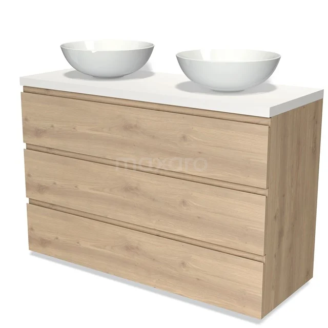 Holz Badezimmermöbel mit doppeltem Aufsatzwaschbecken, heller Eiche Optik, modernes Design, drei Schubladen für Stauraum.