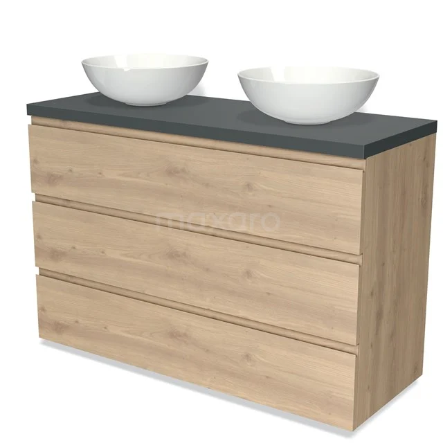 Wooden bathroom unit with three drawers, dark grey worktop and two round white basins; modern and practical design.