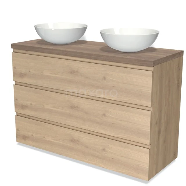 Houten wastafelmeubel met witte dubbele opzetwastafels, drie lades en een natuurlijke eiken-look, ideaal voor de badkamer.