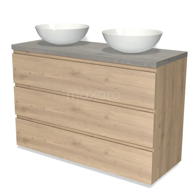 Hölzernes Badezimmermöbel mit Betonplatte, doppelten weißen Aufsatzwaschbecken und drei Schubladen; modernes Design, ideal für luxuriöse Bäder.