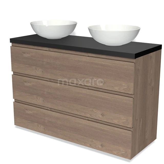 Wooden bathroom unit with black top and two round white countertop wash basins, modern design with three drawers.