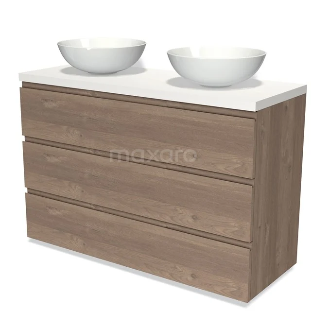 Badmöbel für Aufsatzwaschbecken 120cm Modulo Plato mittelbraune Eiche 3 Schubladen grifflos Matt Weiß Platte BMK19-01446 Holz-Waschtisch mit doppelten weißen Aufsatzwaschbecken, modernes Design, ideal für eine stilvolle Badezimmergestaltung.