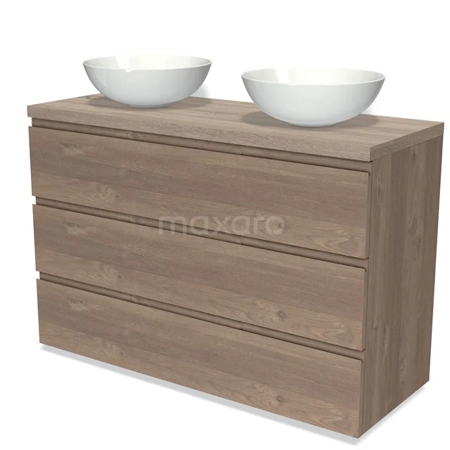 Houten badkamermeubel met dubbele waskom, drie lades en een warme eikenhouten uitstraling, ideaal voor moderne badkamers.