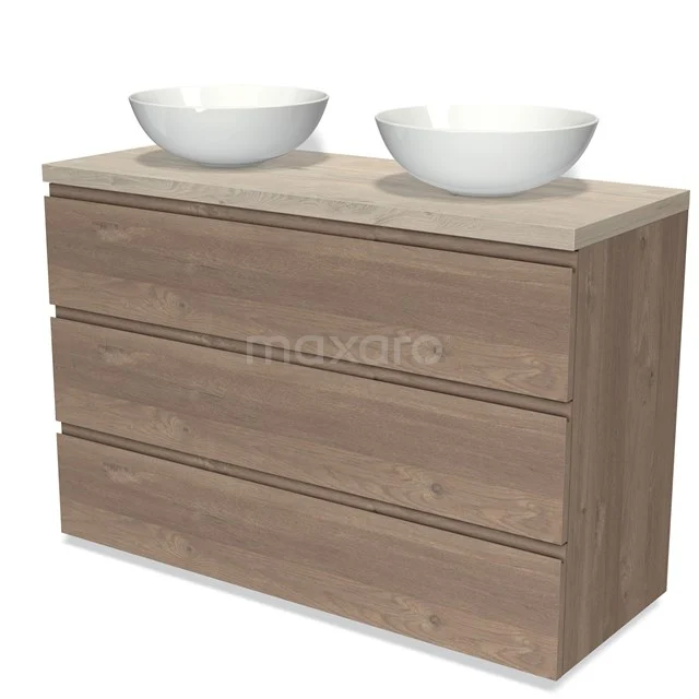 Holz Badschrank mit drei Schubladen, doppelten Aufsatzwaschbecken und heller Eiche-Oberfläche. Moderner Stil, perfekt für Badezimmerlagerung.