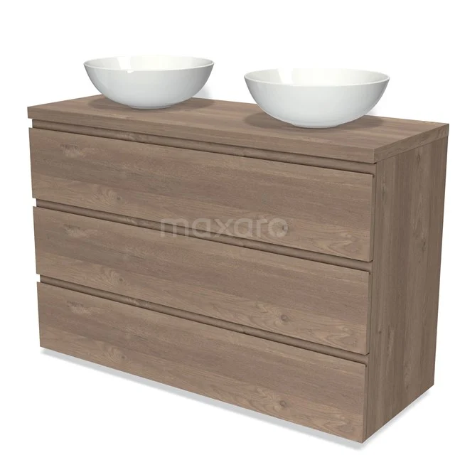 Houten badkamermeubel met drie lades en dubbele witte waskommen, ideaal voor een stijlvolle en praktische badkamerinrichting.