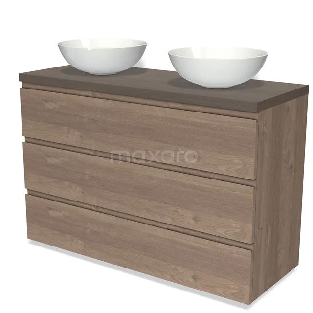 Modulo Plato Vanity units for countertop basin | 120 cm Mid brown oak Handle-less front Dark brown oak worktop 3 drawers BMK19-01453