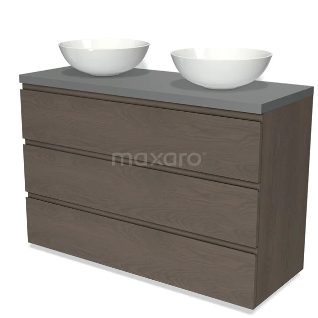 Holz Badezimmermöbel mit Grau Platte und zwei weißen Aufsatzwaschbecken, modernes Design, ideal für ein modernes Badezimmer.