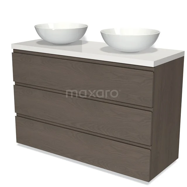 Moderne Badmöbel mit doppelten Aufsatzwaschbecken, Holzlook-Schrank in Braun und weißem keramischen Waschbecken, perfekt für jedes Badezimmer.