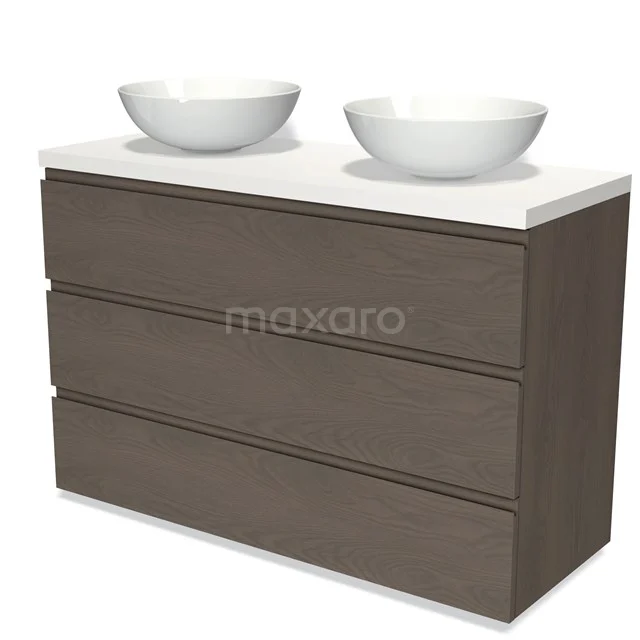 Moderne Holz-Badmöbelset mit doppeltem Aufsatzwaschbecken, klaren Linien und Schubladen in dunkler Eiche-Oberfläche.