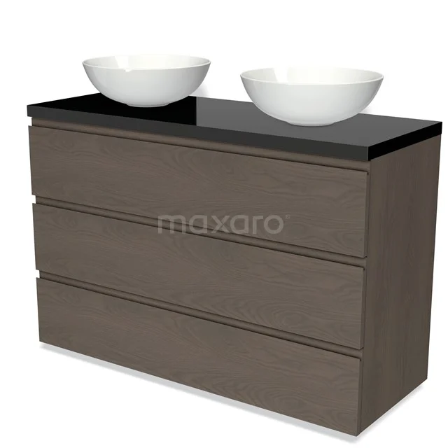 Badmöbel für Aufsatzwaschbecken 120cm Modulo Plato dunkelbraune Eiche 3 Schubladen grifflos Hochglanz Schwarz Platte BMK19-01462 Badezimmermöbel Holzoptik mit schwarzer Platte, doppeltem Aufsatzwaschbecken und drei Schubladen, modernes Design für stilvolle Badezimmergestaltung.