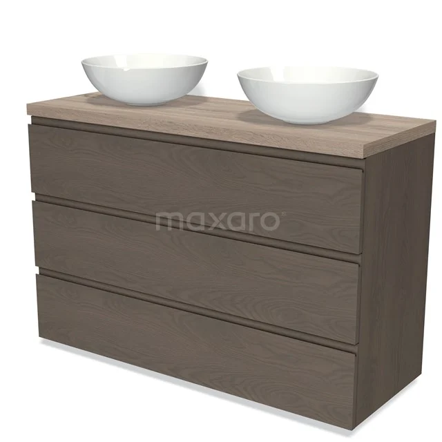 Modulo Plato Vanity units for countertop basin | 120 cm Dark brown oak Handle-less front Oak worktop 3 drawers BMK19-01463