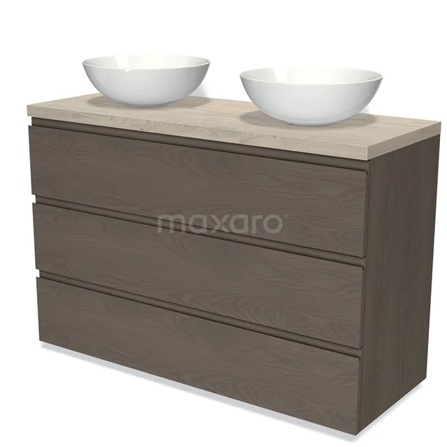 Holz Badezimmermöbel mit doppelten weißen Aufsatzwaschbecken, modernem Erscheinungsbild und drei Schubladen für praktischen Stauraum.