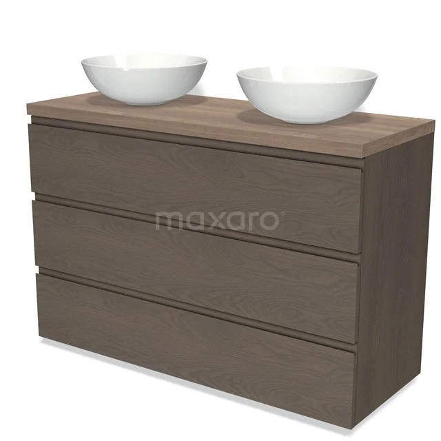 Holz Badezimmermöbel mit zwei Aufsatzwaschbecken, modernes Design, braune Oberfläche und praktische Schubladen.
