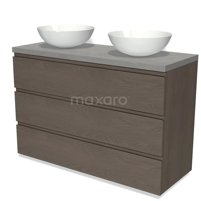 Badmöbel für Aufsatzwaschbecken 120cm Modulo Plato dunkelbraune Eiche 3 Schubladen grifflos hellgrauer Beton Platte BMK19-01469 Holz Badmöbel mit drei Schubladen, Grau Beton Platte und doppeltem weißen Aufsatzwaschbecken, modernes und elegantes Design.