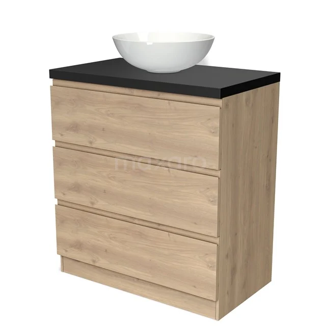 Holz-Badmöbel mit schwarzer Platte und weißem Aufsatzwaschbecken, modernes Design mit drei Schubladen für Stauraum.