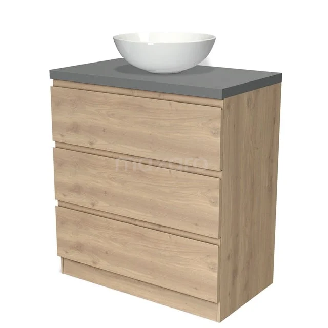Holz Badezimmermöbel mit 3 Schubladen, grauer Oberplatte und weißem Aufsatzwaschbecken, ideal für einen modernen Badezimmer Stil.