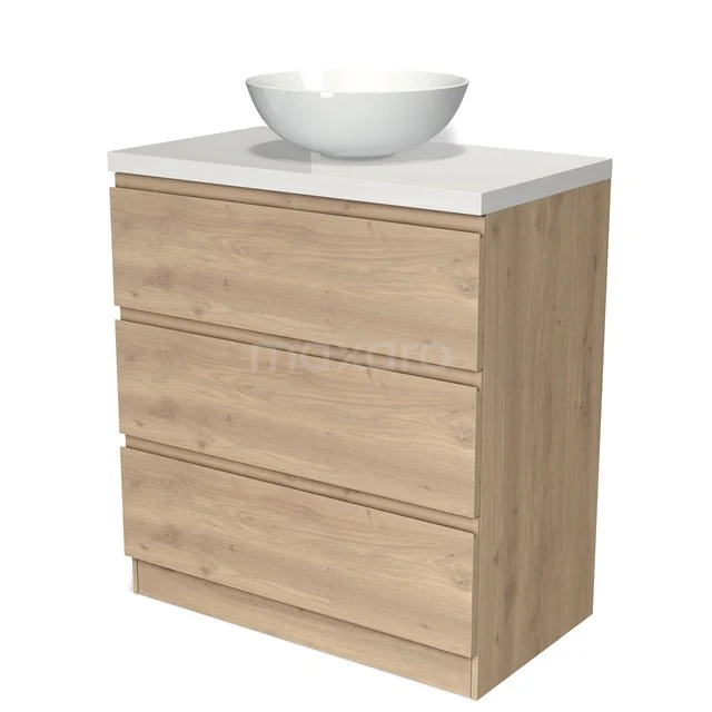 Eichen Badezimmermöbel mit vier Schubladen, weißem Waschbecken und keramischer Waschtischplatte; stilvolles und funktionales Design.