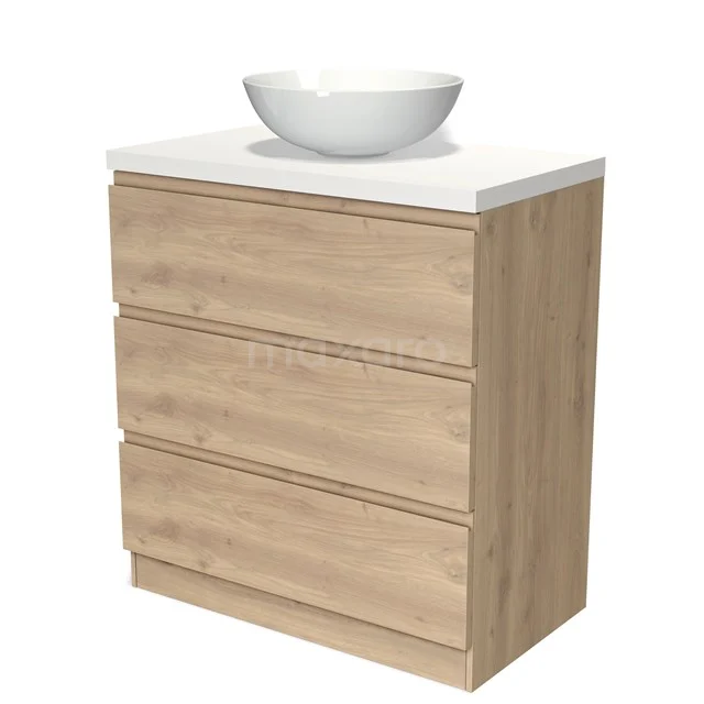 Holz Badezimmermöbel mit weißem Aufsatzbecken, moderne Kommode in Eichenoptik, ideal für stilvolle Badezimmergestaltung.