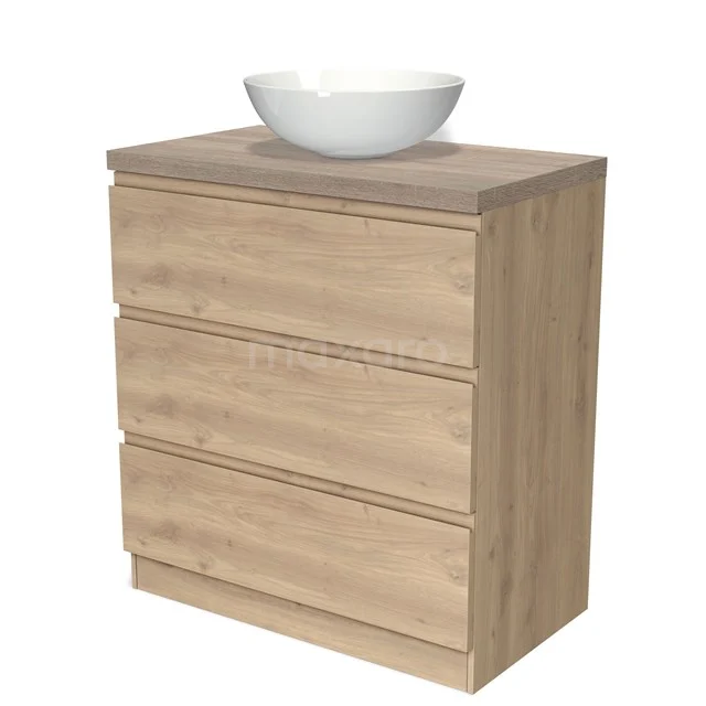 Badmöbel für Waschtischunterschrank 80cm Modulo Plato hellbraune Eiche 3 Schubladen stehende Schubladen grifflose Platte aus Eiche BMK19S-00343 Holz Badezimmermöbel mit drei Schubladen und einem weißen runden Aufsatzwaschbecken, ideal für eine moderne und stilvolle Badezimmer Einrichtung.