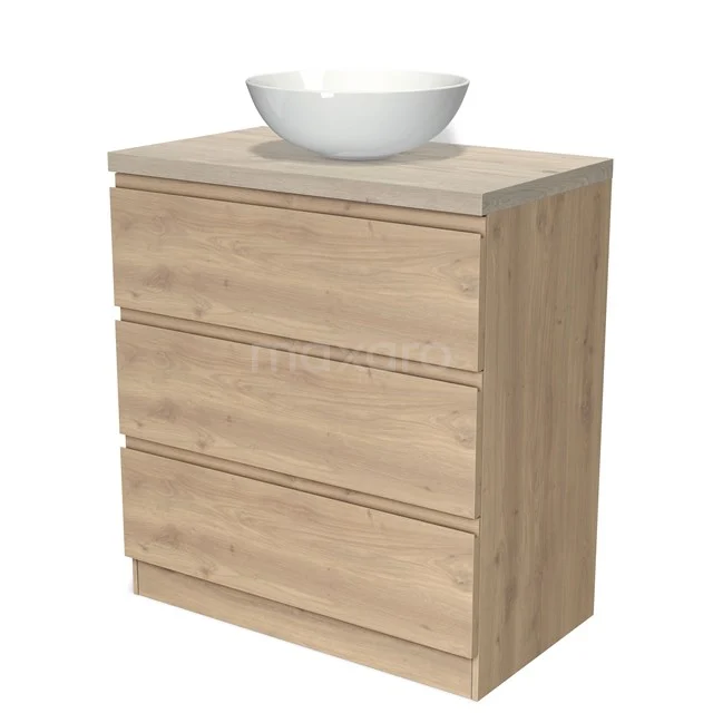 Holz Badezimmermöbel mit drei Schubladen und einem weißen keramischen Waschbecken, modernes Design für einen natürlichen Badezimmer Stil.