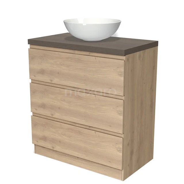 Eichen Badschrank mit drei Schubladen und keramischem Aufsatzwaschbecken, perfekt für eine moderne Badezimmergestaltung.