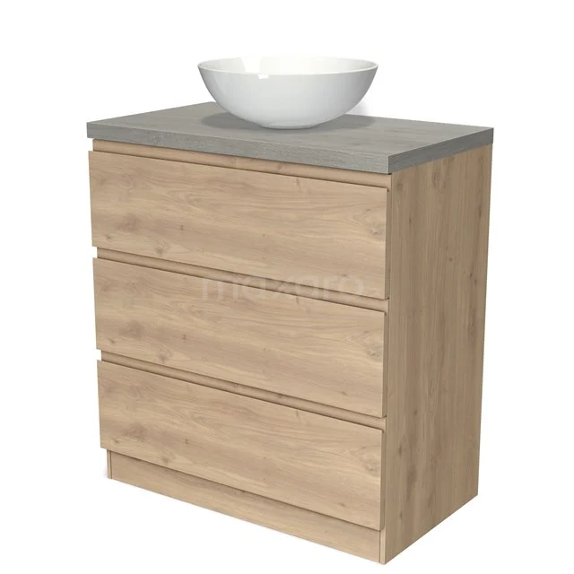 Holz Badezimmermöbel mit heller Eiche Oberflächenbehandlung, vier Schubladen und einem weißen Aufsatzbecken auf einer grauen Steinplatte.