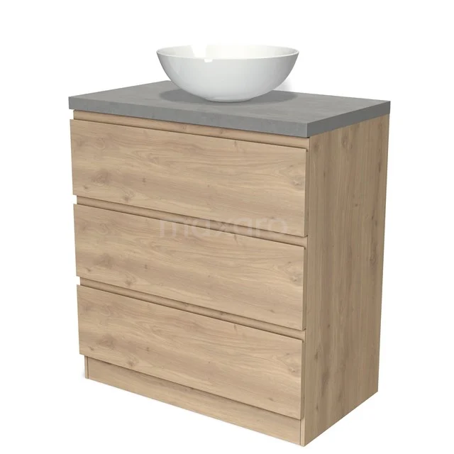 Holz-Badmöbel mit drei Schubladen, graue Platte und rundes Waschbecken; modernes Design, ideal für stilvolle Bäder.