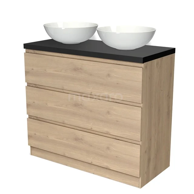 Eichen Badezimmermöbel mit schwarzer Platte und zwei weißen keramischen Aufsatzwaschbecken, modernes Design mit vier Schubladen.