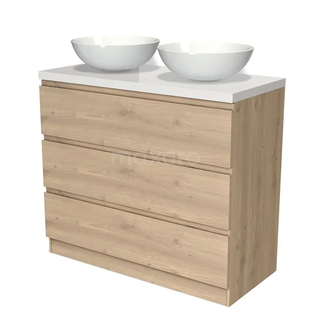 Holz-Badmöbel mit vier Schubladen und zwei weißen Aufsatzwaschbecken, elegantes Design ideal für moderne Bäder.