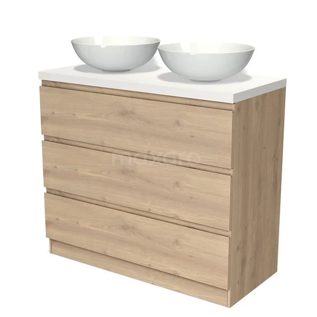 Holz-Badmöbel mit vier Schubladen, weißer Platte und zwei runden Aufsatzwaschbecken, modernes Design für ein stilvolles Badezimmer.