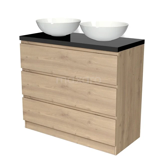 Badmöbel für Aufsatzwaschbecken 100cm Modulo Plato Hellbraune Eiche 3 Schubladen Grifflos Hochglanz Schwarz Platte BMK19S-00356 Badmöbel Holzoptik mit schwarzer Platte und doppelten weißen Aufsatzwaschbecken, modernes Design mit 4 Schubladen.