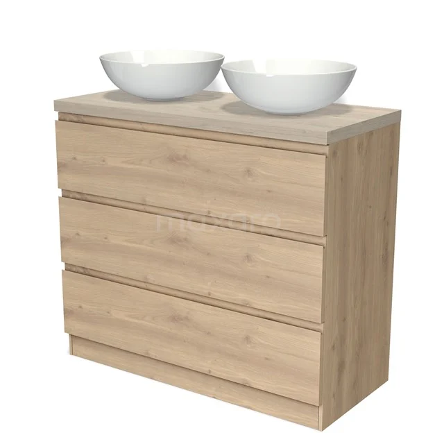 Badmöbel für Aufsatzwaschbecken 100cm Modulo Plato Hellbraune Eiche 3 Schubladen stehende Schubladen grifflose Platte hellgraue Eiche BMK19S-00358 Holz Badezimmermöbel mit heller Eiche Oberflächenbehandlung, vier Schubladen und zwei runden weißen Aufsatzwaschbecken, modernes und geräumiges Design.