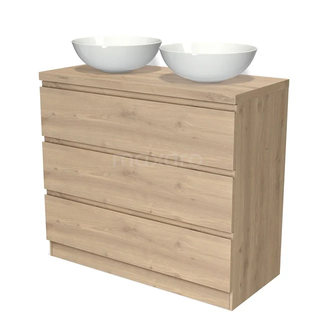 Holz Badezimmermöbel mit vier Schubladen und zwei weißen, runden Aufsatzwaschbecken; modernes Design für ein stilvolles Badezimmerinterieur.