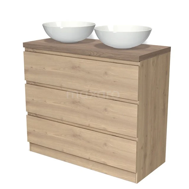 Eichen Badezimmermöbel mit vier Schubladen und doppelten runden Aufsatzwaschbecken, ideal für ein modernes und praktisches Badezimmer.