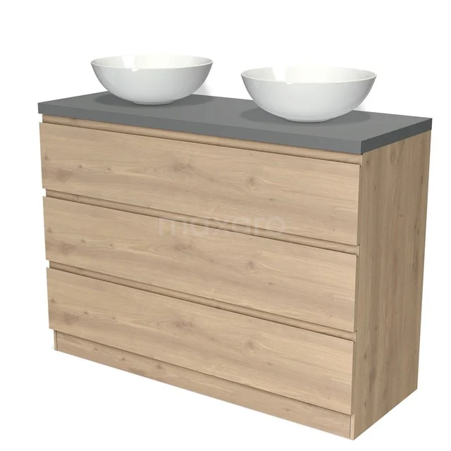 Badmöbel für Waschtischunterschrank 120cm Modulo Plato hellbraune Eiche 3 Schubladen stehende Schubladen grifflose Platte Mittelgrau BMK19S-00366 Holz Badezimmermöbel mit vier Schubladen, grauer Platte und doppelten weißen Aufsatzwaschbecken, ideal für moderne Badezimmergestaltung.