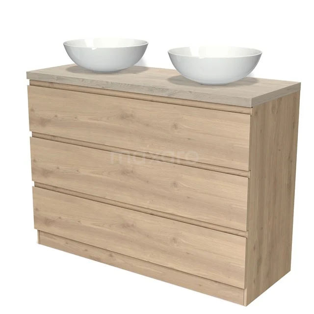 Wooden bathroom unit with double white countertop wash basins, four drawers and a modern natural look.