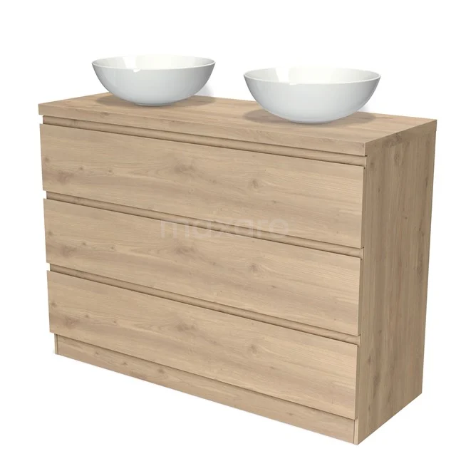Wooden bathroom unit with two white countertop wash basins, natural wood look, ideal for modern bathroom design.