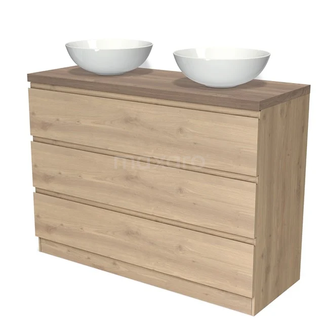 Modulo Plato Badmöbel mit Aufsatzwaschbecken | 120 cm Hellbraune Eiche Grifflos front Mittelbraune Eiche blatt 3 stehende Schubladen BMK19S-00374 Holz Badmöbel mit zwei weißen Aufsatzwaschbecken, moderne Ausstrahlung und schlankes Design, ideal für eine stilvolle Badezimmer Einrichtung.
