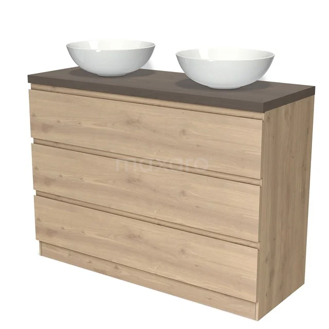 Holz Badezimmermöbel mit vier Schubladen, dunkler Platte und zwei runden Aufsatzwaschbecken, perfekt für einen modernen Stil.