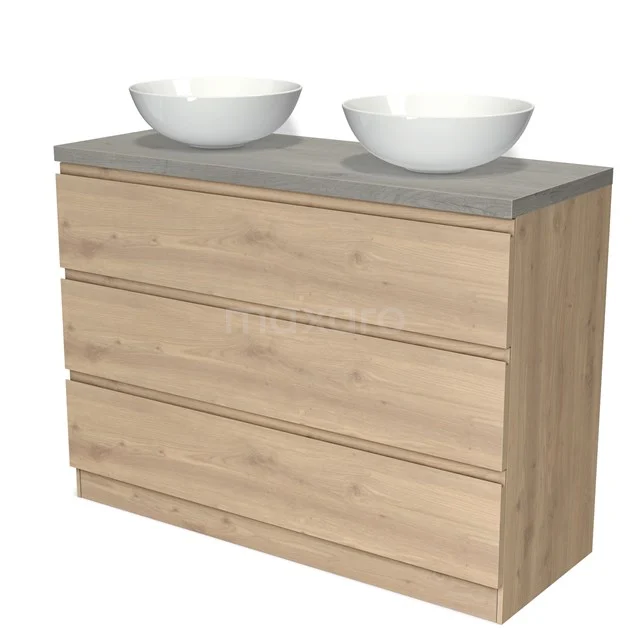 Holz Badezimmermöbel mit grauem Steinlook Platte, Doppelwaschbecken und vier Schubladen. Modernes Design für ein stilvolles Badezimmer.