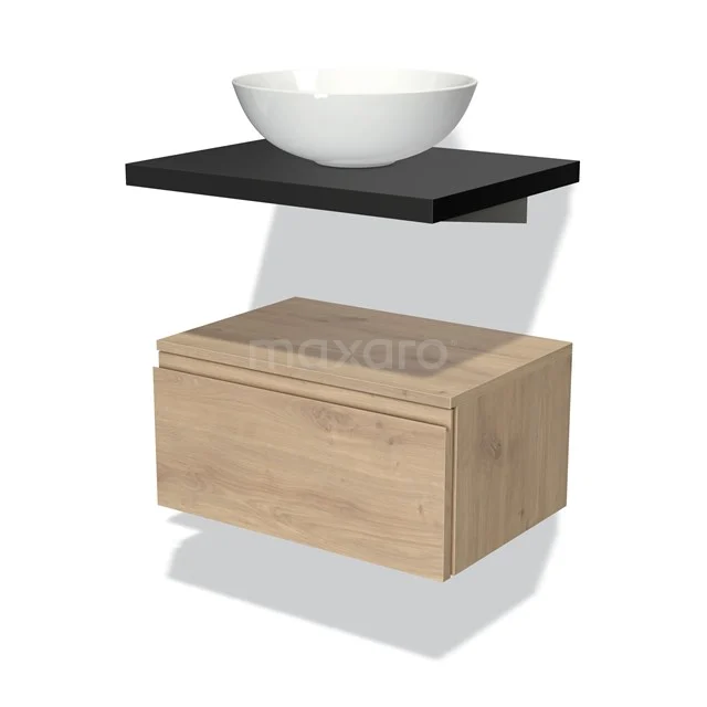 Wooden bathroom furniture set with black shelf and round white countertop wash basin, ideal for a modern bathroom design.